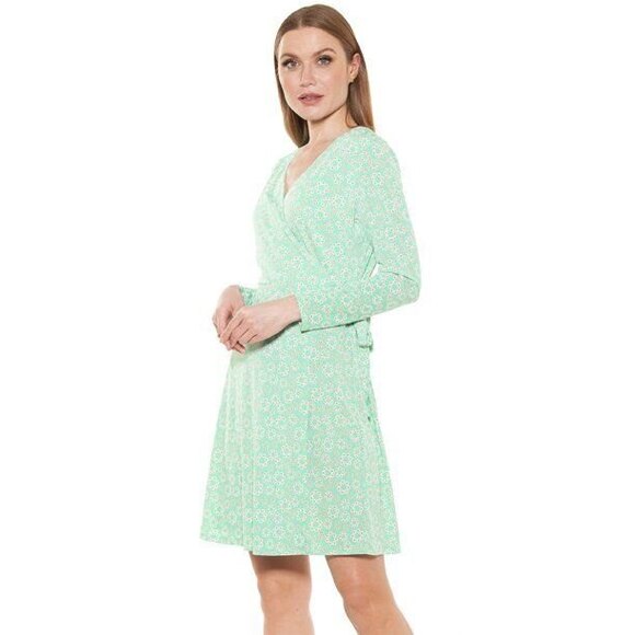 Alexia Admor Amelia Wrap Dress Womens XS Turquoise Daisy Long Sleeve V-Neck NWT - Picture 1 of 11